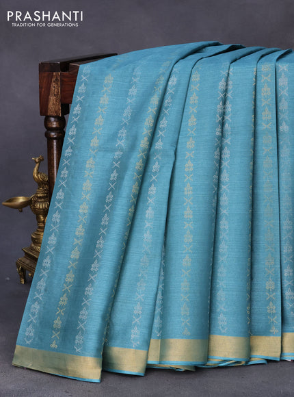 Banana silk saree teal blue with silver & gold zari woven buttas and zari woven border