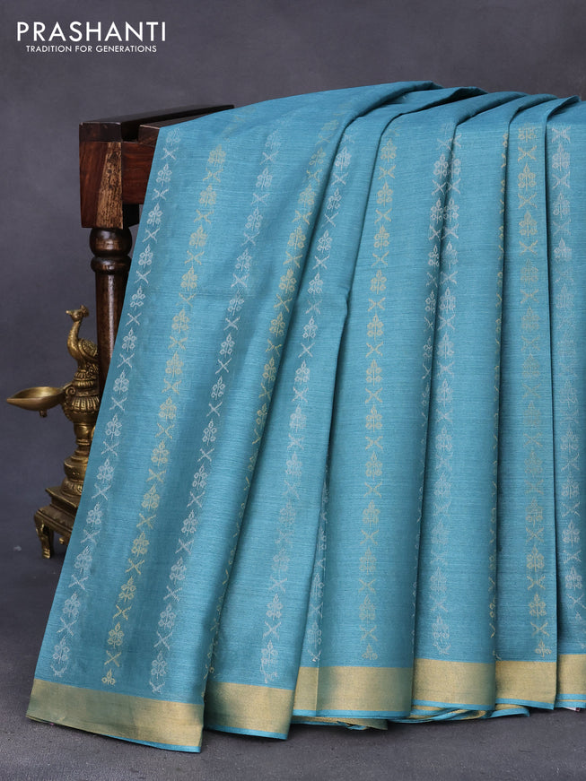 Banana silk saree teal blue with silver & gold zari woven buttas and zari woven border