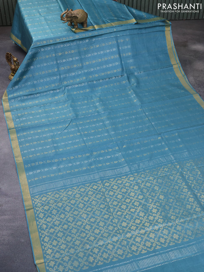 Banana silk saree teal blue with silver & gold zari woven buttas and zari woven border