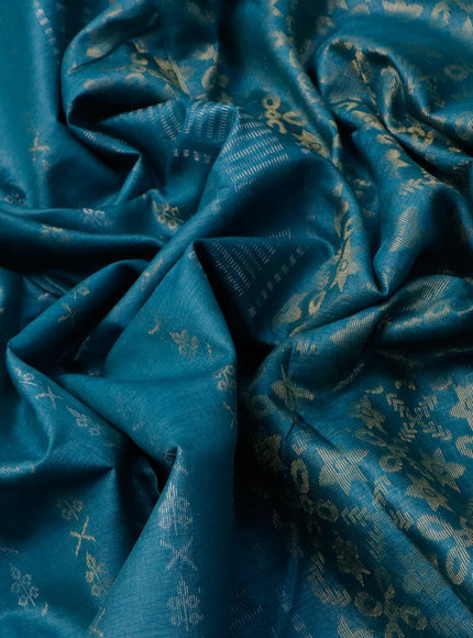 Banana silk saree teal blue with silver & gold zari woven buttas and zari woven border