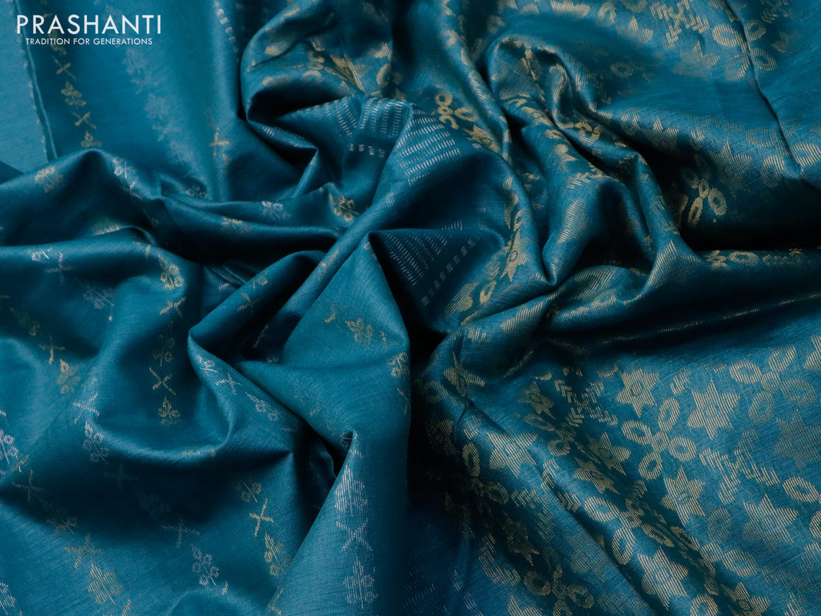 Banana silk saree teal blue with silver & gold zari woven buttas and zari woven border