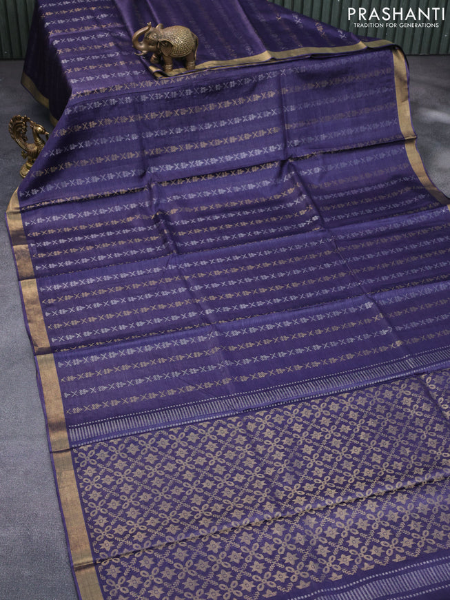 Banana silk saree dark blue with silver & gold zari woven buttas and zari woven border