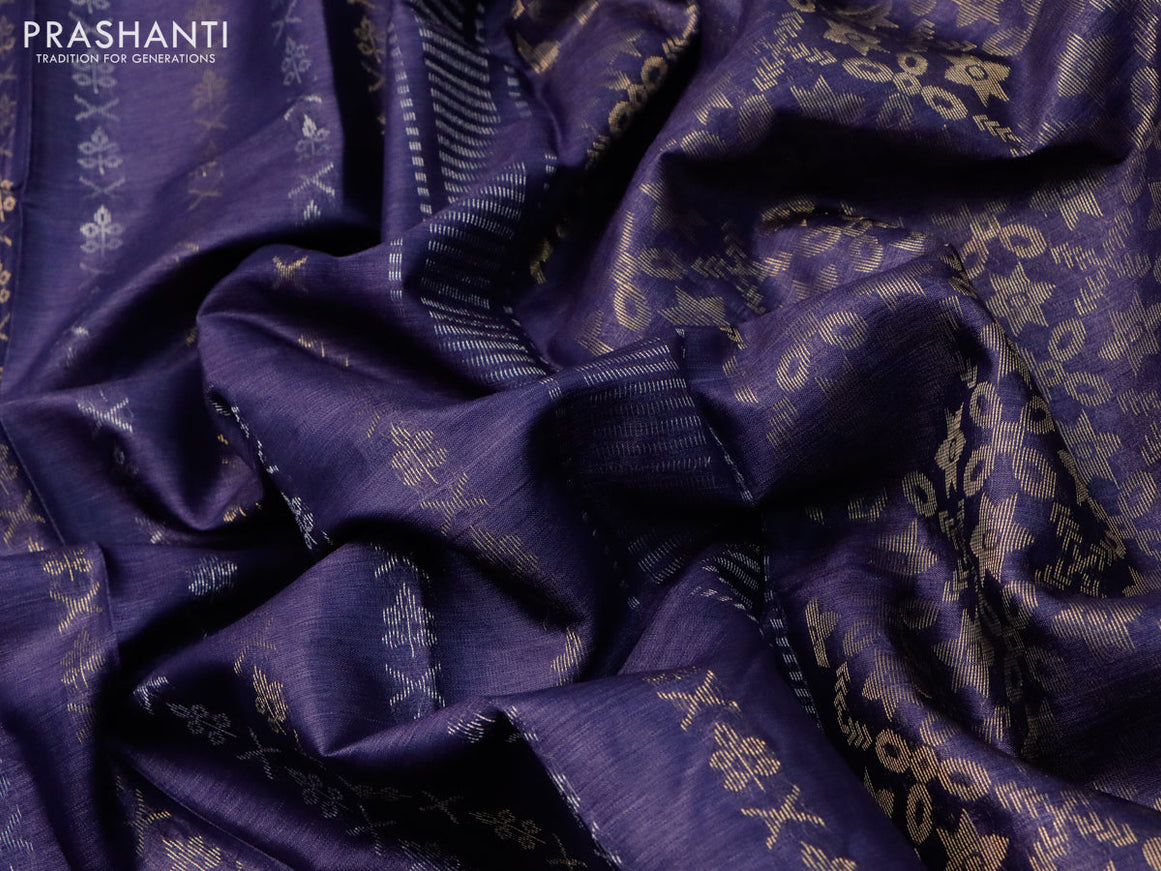 Banana silk saree dark blue with silver & gold zari woven buttas and zari woven border