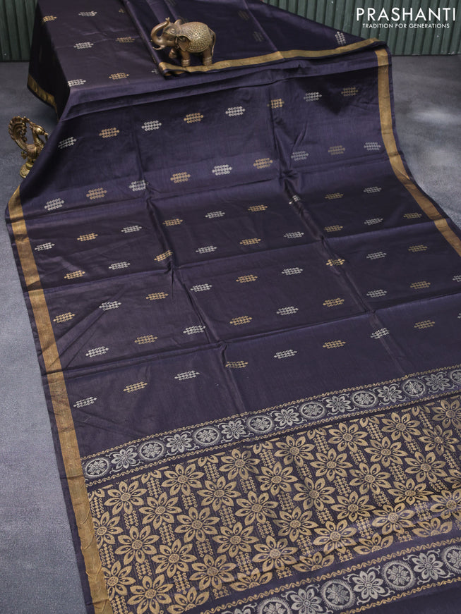 Banana silk saree black with silver & gold zari woven butta weaves and zari woven border