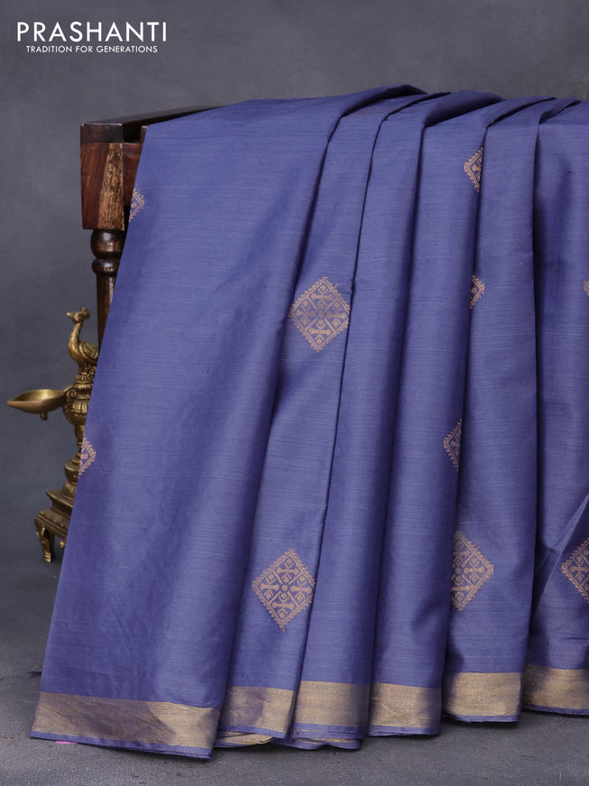 Banana silk saree blue shade with silver & gold zari weaves and zari woven border