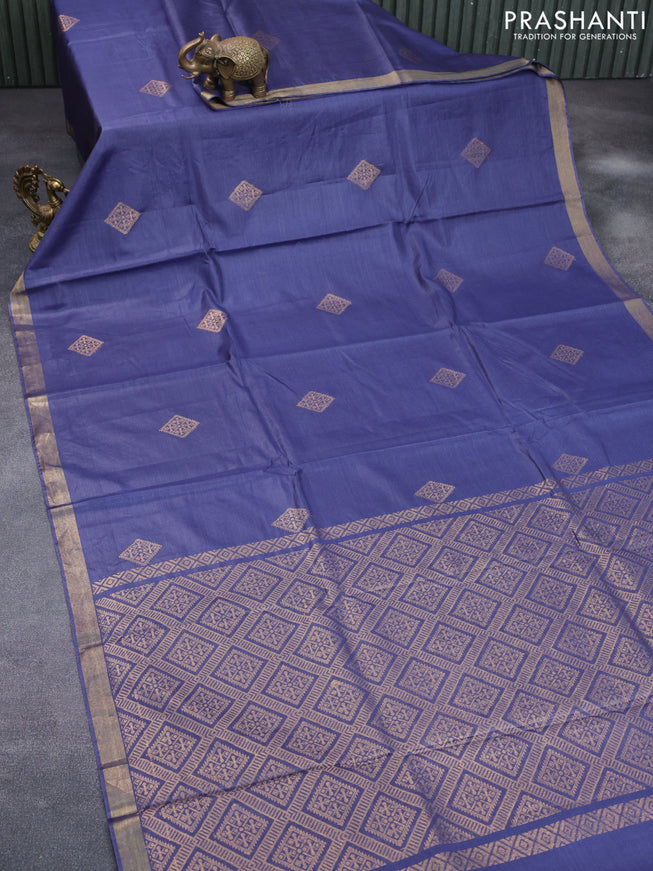 Banana silk saree blue shade with silver & gold zari weaves and zari woven border