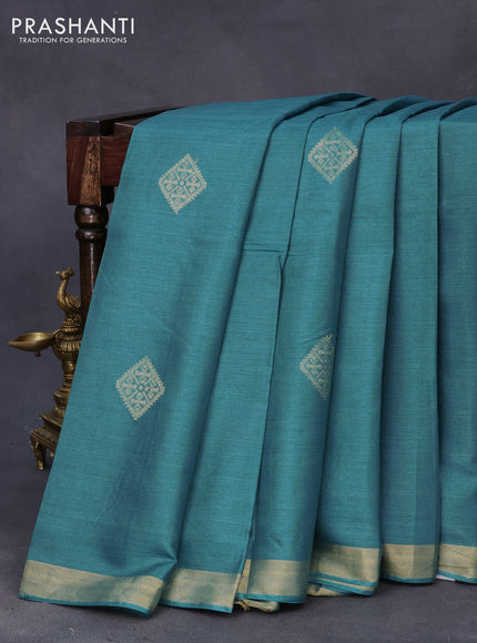 Banana silk saree teal blue with silver & gold zari weaves and zari woven border