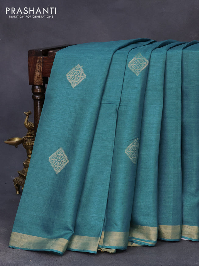 Banana silk saree teal blue with silver & gold zari weaves and zari woven border