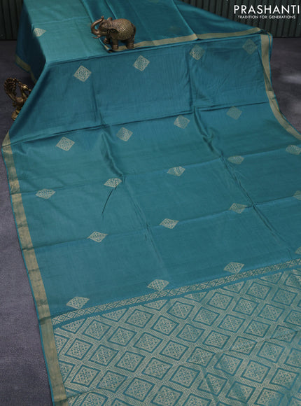 Banana silk saree teal blue with silver & gold zari weaves and zari woven border