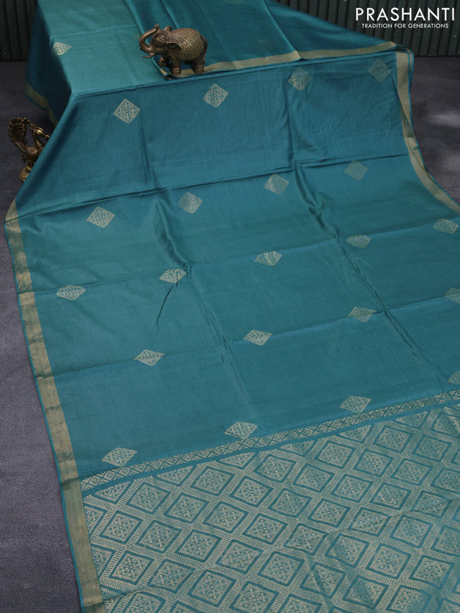 Banana silk saree teal blue with silver & gold zari weaves and zari woven border