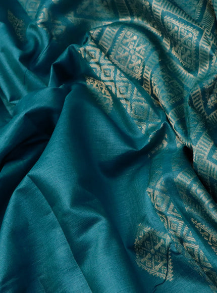 Banana silk saree teal blue with silver & gold zari weaves and zari woven border