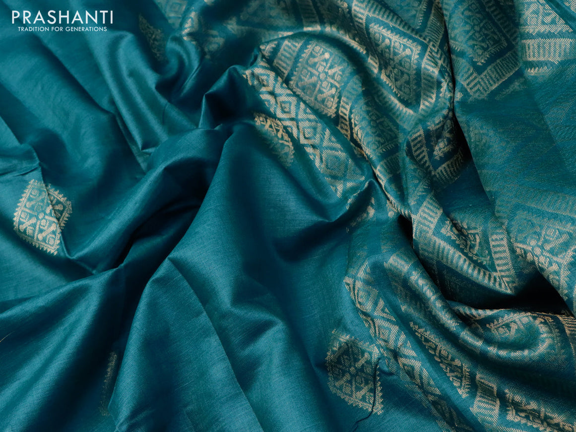 Banana silk saree teal blue with silver & gold zari weaves and zari woven border