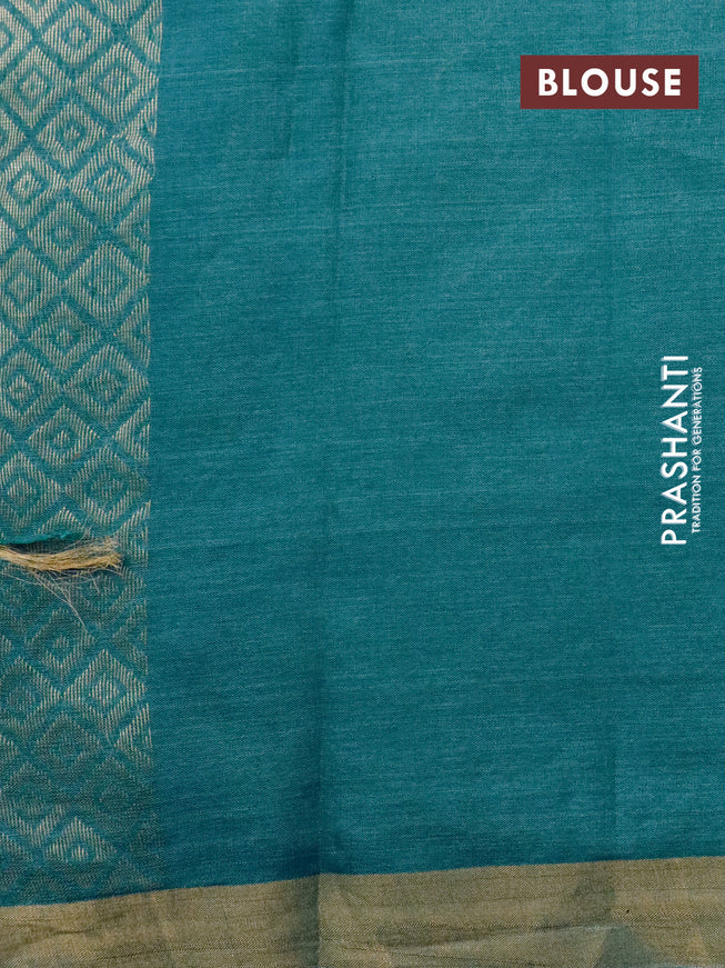 Banana silk saree teal blue with silver & gold zari weaves and zari woven border