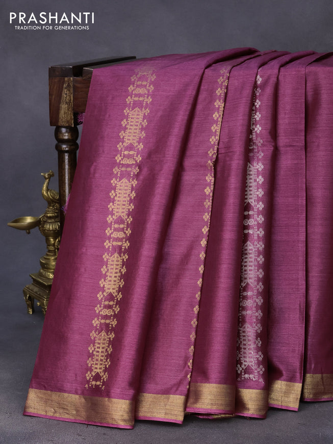 Banana silk saree dark magenta pink with allover zari weaves and zari woven border