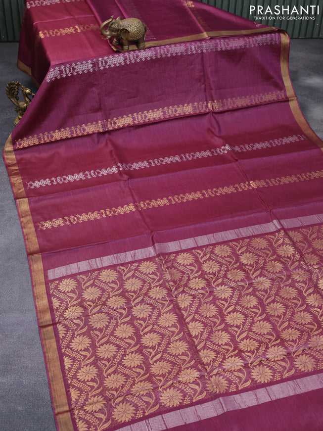 Banana silk saree dark magenta pink with allover zari weaves and zari woven border