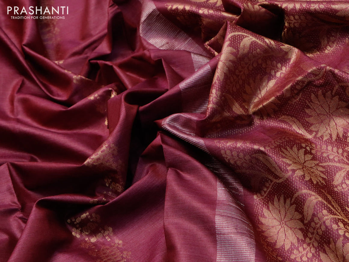 Banana silk saree dark magenta pink with allover zari weaves and zari woven border