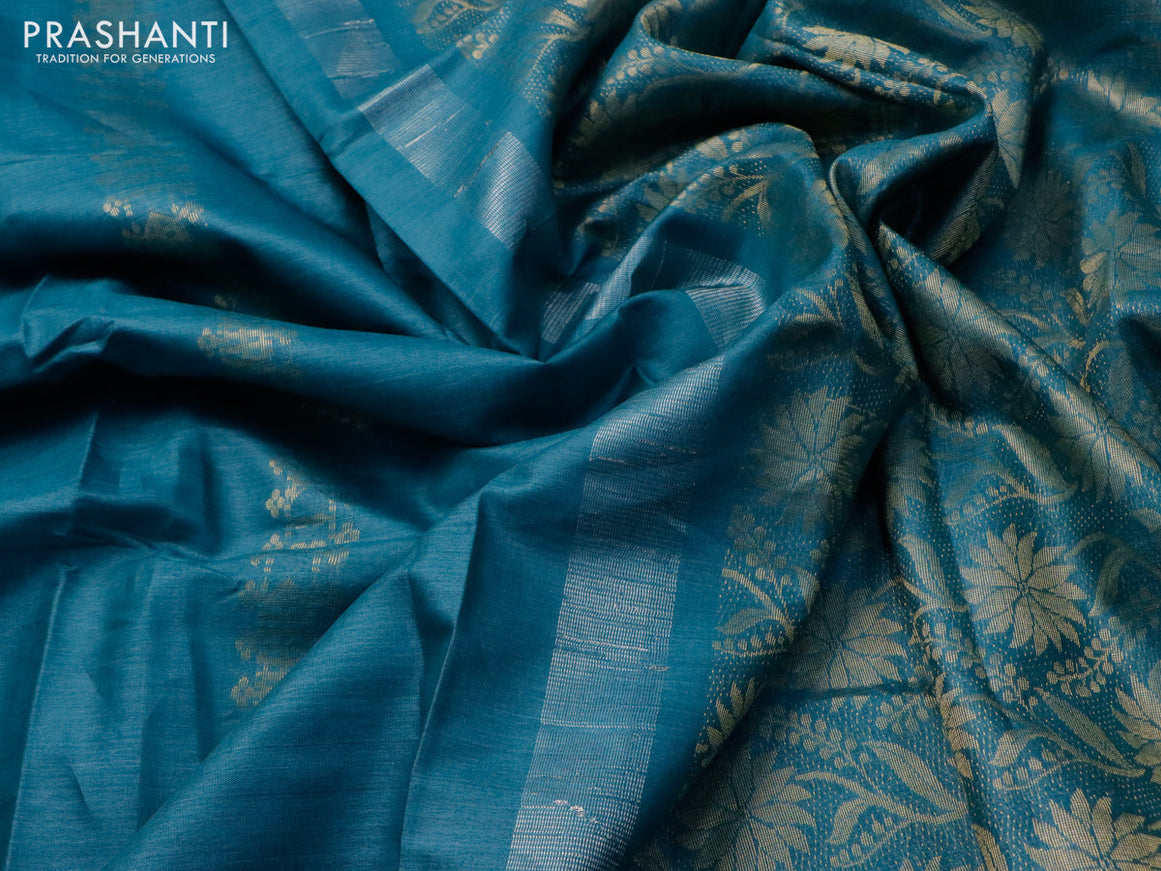 Banana silk saree teal blue with allover zari weaves and zari woven border