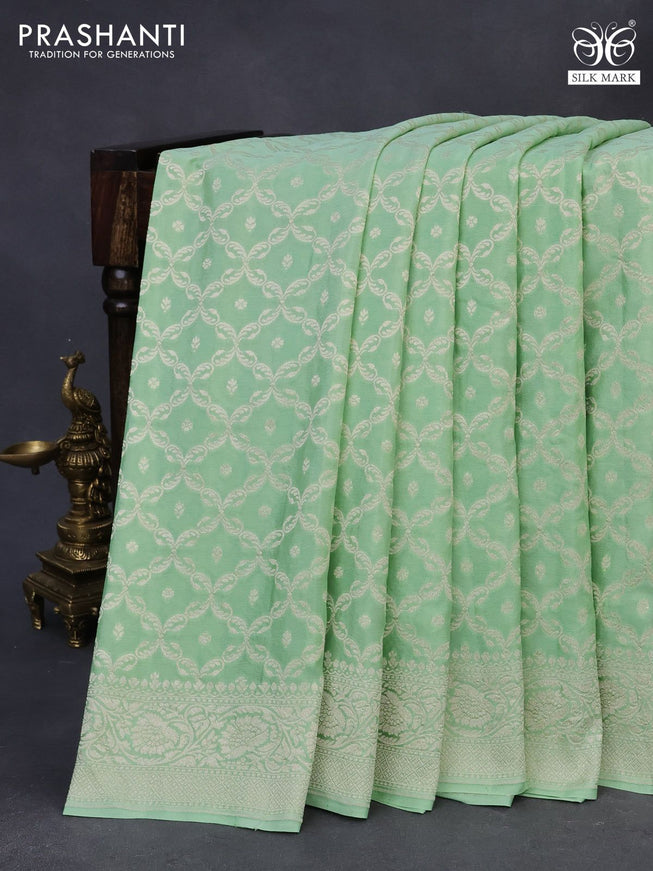 Pure banarasi crepe silk saree pastel green with allover thread & zari weaves and zari woven border