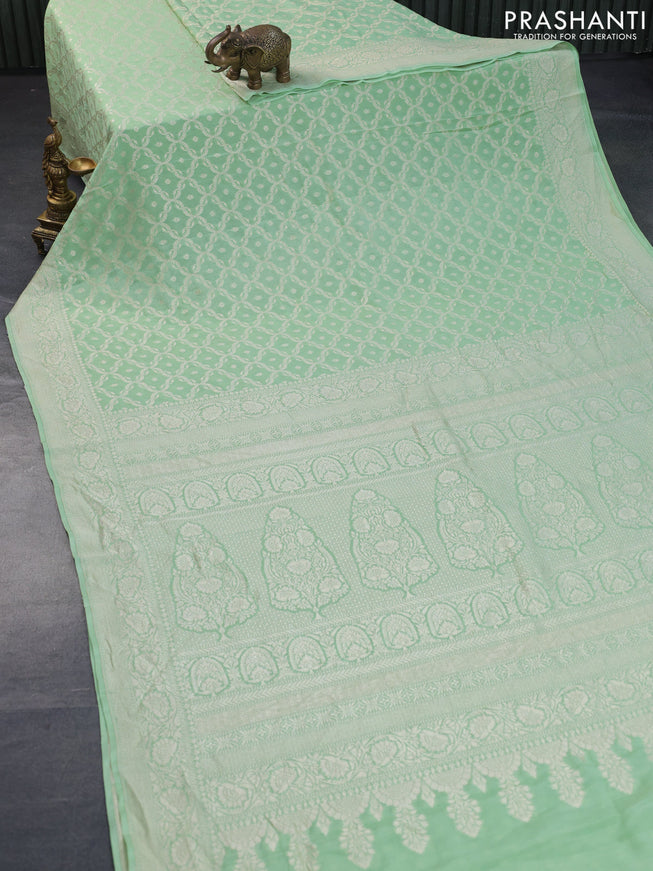 Pure banarasi crepe silk saree pastel green with allover thread & zari weaves and zari woven border