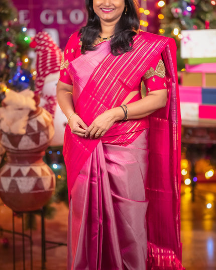 Pure soft silk saree dual shade of pink and pink with allover zari weaves and long zari woven border