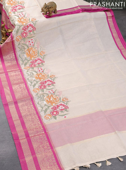 Banarasi kota tissue saree off white and purple with floral design embroidery work and long zari woven border - {{ collection.title }} by Prashanti Sarees