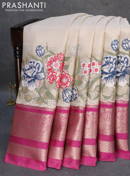 Banarasi kota tissue saree off white and purple with floral design embroidery work and long zari woven border - {{ collection.title }} by Prashanti Sarees