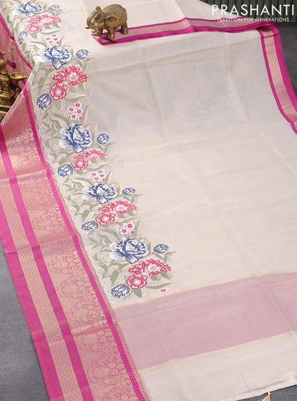 Banarasi kota tissue saree off white and purple with floral design embroidery work and long zari woven border - {{ collection.title }} by Prashanti Sarees