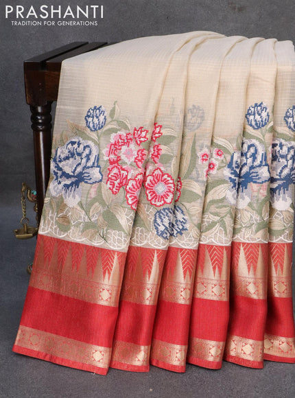 Banarasi kota tissue saree off white and red with floral design embroidery work and temple design zari woven rettapet border - {{ collection.title }} by Prashanti Sarees