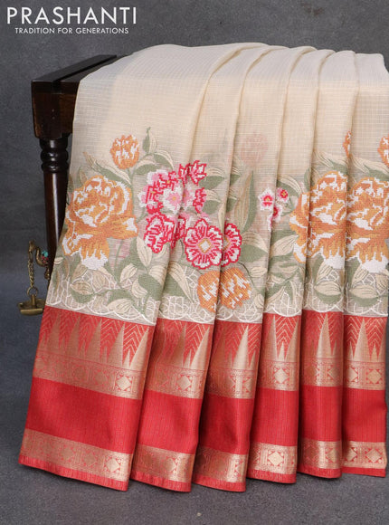 Banarasi kota tissue saree off white and red with floral design embroidery work and temple design zari woven rettapet border - {{ collection.title }} by Prashanti Sarees