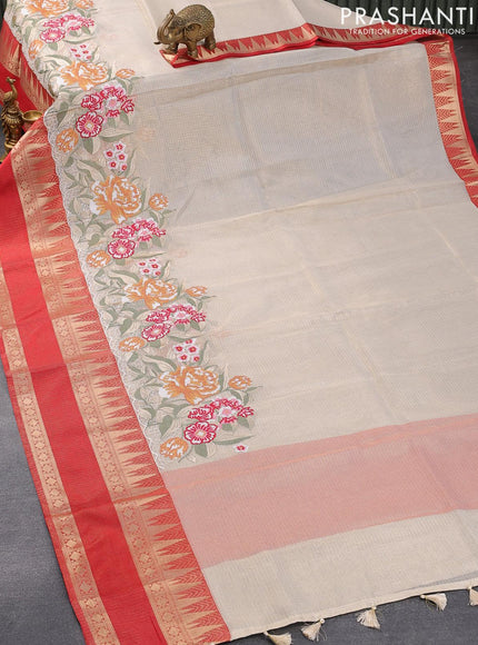 Banarasi kota tissue saree off white and red with floral design embroidery work and temple design zari woven rettapet border - {{ collection.title }} by Prashanti Sarees