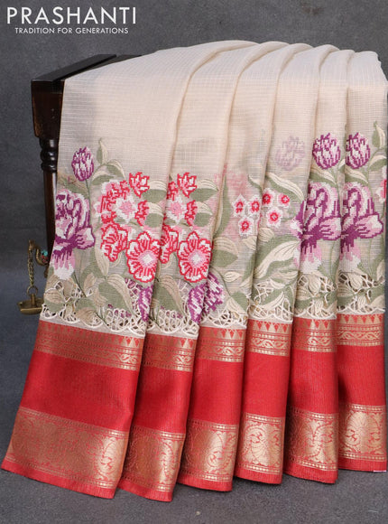 Banarasi kota tissue saree off white and red with floral design embroidery work and rettapet zari woven border - {{ collection.title }} by Prashanti Sarees