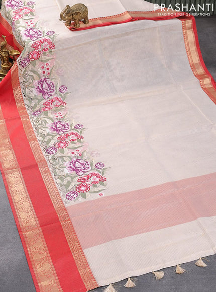 Banarasi kota tissue saree off white and red with floral design embroidery work and rettapet zari woven border - {{ collection.title }} by Prashanti Sarees