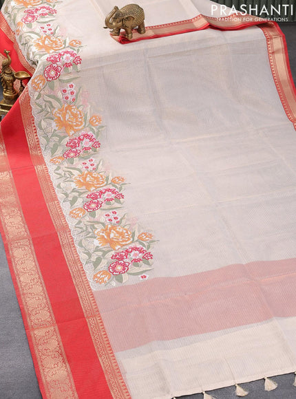 Banarasi kota tissue saree off white and red with floral design embroidery work and rettapet zari woven border - {{ collection.title }} by Prashanti Sarees