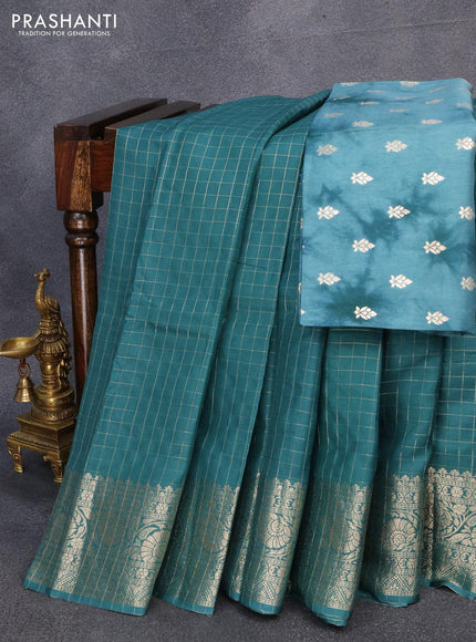 Semi dola saree peacock green with allover zari checked pattern and floral zari woven border with tie & dye zari butta blouse - {{ collection.title }} by Prashanti Sarees