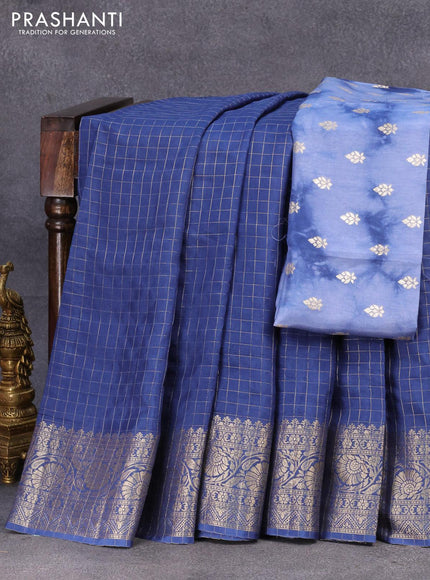 Semi dola saree blue with allover zari checked pattern and floral zari woven border with tie & dye zari butta blouse - {{ collection.title }} by Prashanti Sarees