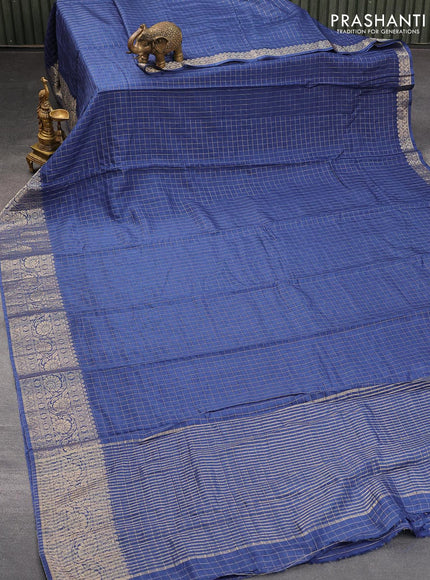 Semi dola saree blue with allover zari checked pattern and floral zari woven border with tie & dye zari butta blouse - {{ collection.title }} by Prashanti Sarees