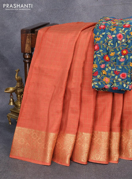 Dola silk saree rustic orange and peacock blue with zari checked pattern and zari woven border with embroidery work blouse - {{ collection.title }} by Prashanti Sarees