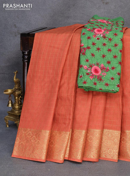 Dola silk saree rustic orange and green with zari checked pattern and zari woven border with embroidery work blouse - {{ collection.title }} by Prashanti Sarees