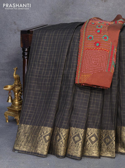 Dola silk saree black and brown with zari checked pattern and zari woven border with embroidery work blouse - {{ collection.title }} by Prashanti Sarees