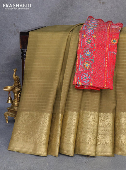 Dola silk saree sap green and red with allover zari woven stripes pattern and zari woven border with embroidery work blouse - {{ collection.title }} by Prashanti Sarees