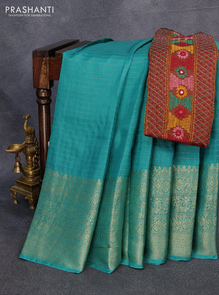 Dola silk saree teal blue and brown with allover zari woven stripes pattern and long zari woven border with embroidery work blouse - {{ collection.title }} by Prashanti Sarees