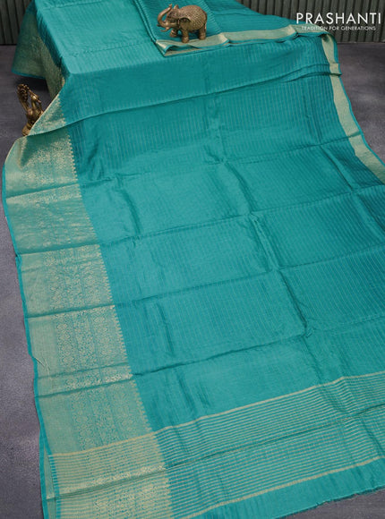 Dola silk saree teal blue and brown with allover zari woven stripes pattern and long zari woven border with embroidery work blouse - {{ collection.title }} by Prashanti Sarees