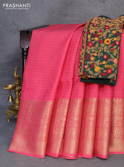 Dola silk saree pink shade and green with allover zari woven stripes pattern and long zari woven border with embroidery work blouse - {{ collection.title }} by Prashanti Sarees