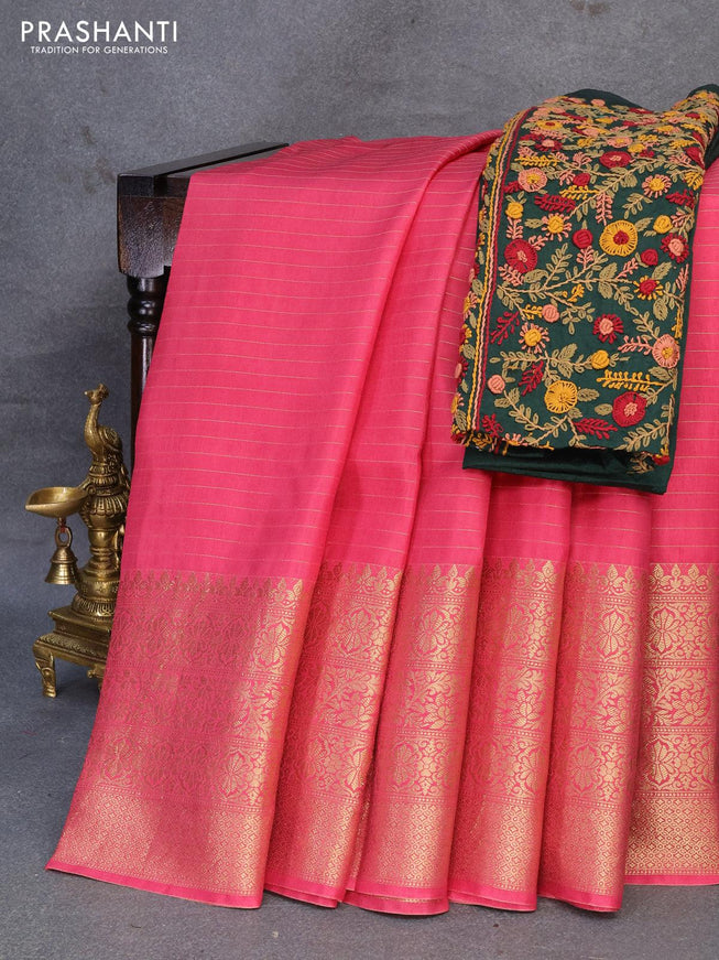 Dola silk saree pink shade and green with allover zari woven stripes pattern and long zari woven border with embroidery work blouse - {{ collection.title }} by Prashanti Sarees