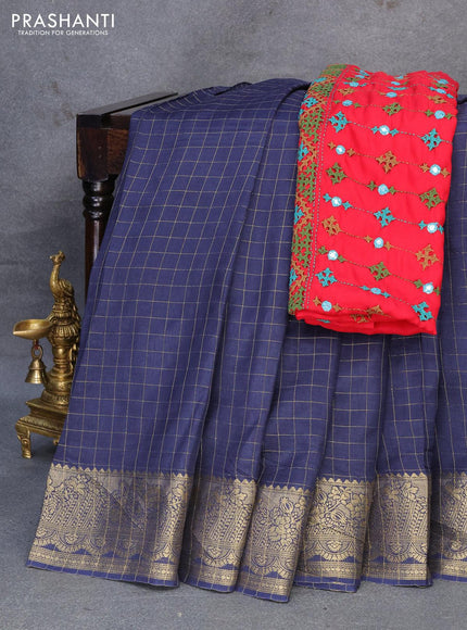 Dola silk saree dark blue and red with zari checked pattern and zari woven border with embroidery work blouse - {{ collection.title }} by Prashanti Sarees