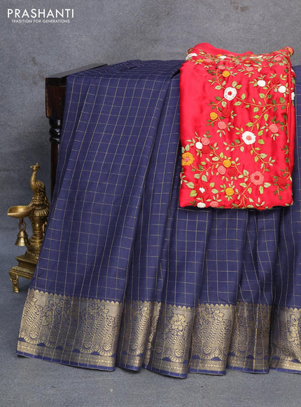 Dola silk saree dark blue and red with zari checked pattern and zari woven border with embroidery work blouse - {{ collection.title }} by Prashanti Sarees