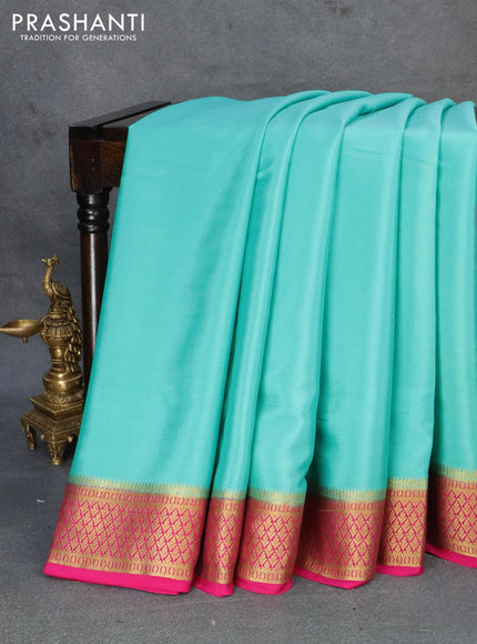 Pure mysore silk saree teal blue and pink with plain body and zari woven border - {{ collection.title }} by Prashanti Sarees