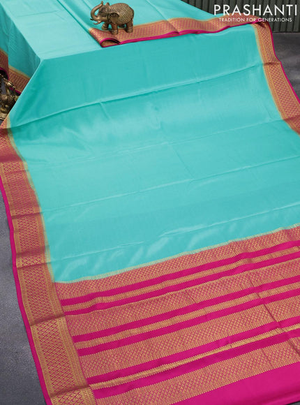 Pure mysore silk saree teal blue and pink with plain body and zari woven border - {{ collection.title }} by Prashanti Sarees