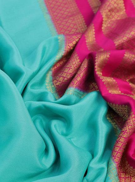 Pure mysore silk saree teal blue and pink with plain body and zari woven border - {{ collection.title }} by Prashanti Sarees