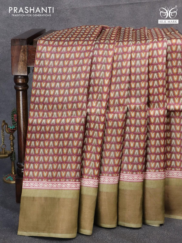 Pure tussar silk saree maroon and elaichi green with allover floral prints and zari woven border - {{ collection.title }} by Prashanti Sarees